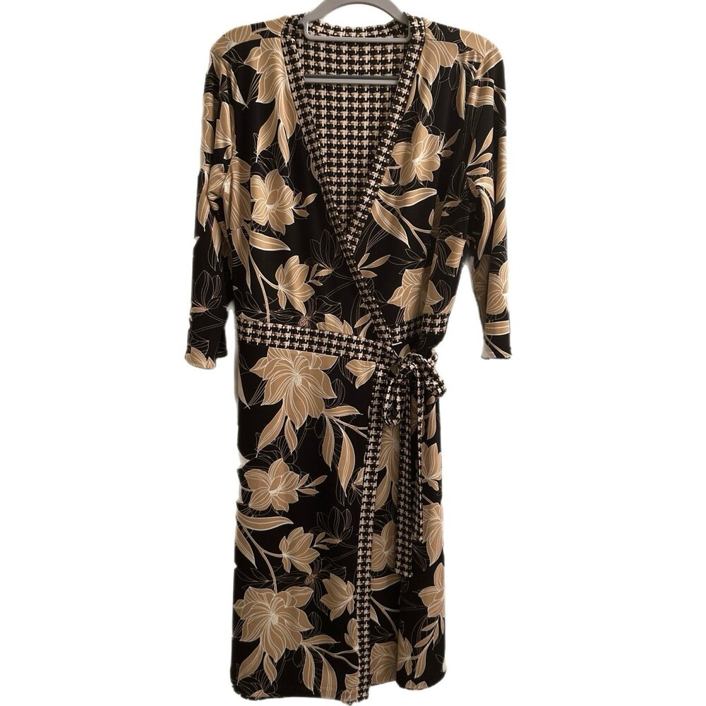 White House Black Market Black Tan Floral Houndstooth Reversible Wrap Dress Sz M - Picture 4 of 8